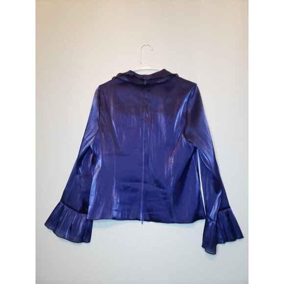 Dressbarn Collection Womens 10 Jacket Top Blue Shiny Long Ruffled Sleeve V Neck - Picture 2 of 6